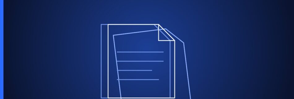 Blueprint-style illustration of overlapping documents or pages with horizontal lines, representing digital content or documentation services.
