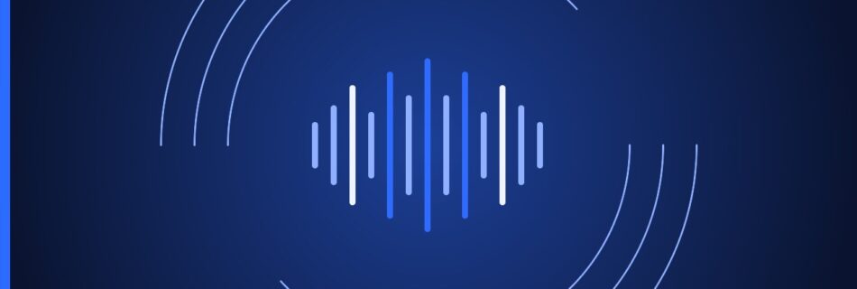 Sound wave visualization with vertical bars in blue and white tones, centered within concentric circular lines on dark blue background.