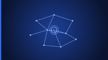 Network diagram with interconnected nodes and central hub on blue gradient background, representing digital connectivity and data flow