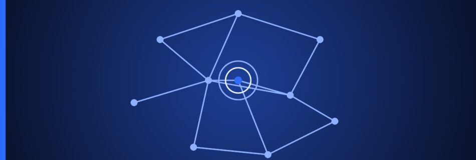 Network diagram with interconnected nodes and central hub on blue gradient background, representing digital connectivity and data flow