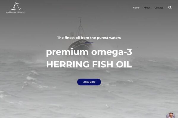 Premium omega-3 herring fish oil product homepage with fishing vessel at sea and "Learn More" button
