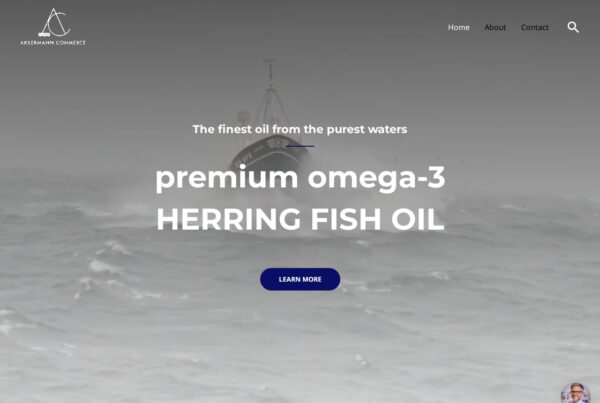 Premium omega-3 herring fish oil product homepage with fishing vessel at sea and "Learn More" button