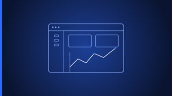 Neon-style outline of a browser window displaying an upward trending line graph with two content boxes above it on a dark blue background.
