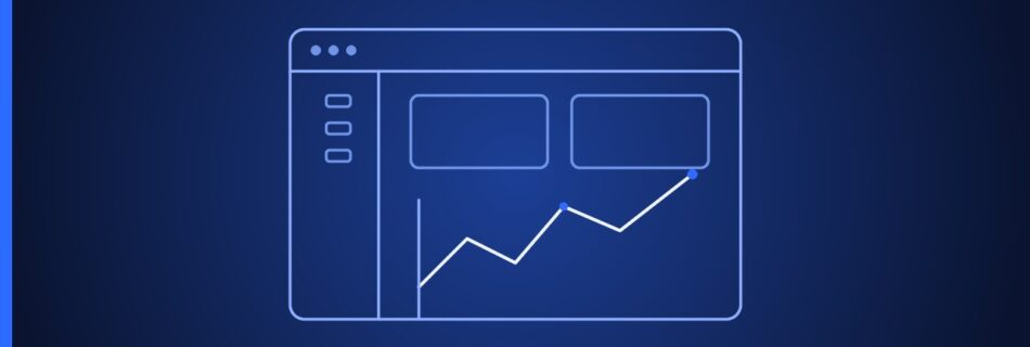 Neon-style outline of a browser window displaying an upward trending line graph with two content boxes above it on a dark blue background.