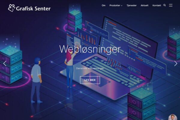 Grafisk Senter website homepage featuring "Webløsninger" (Web Solutions) with isometric illustration of server infrastructure and digital analytics dashboard.