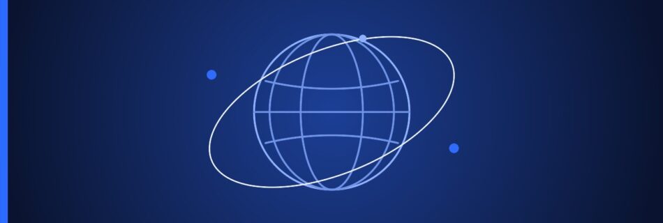 Globe with orbital rings and grid lines on deep blue background with small blue dots