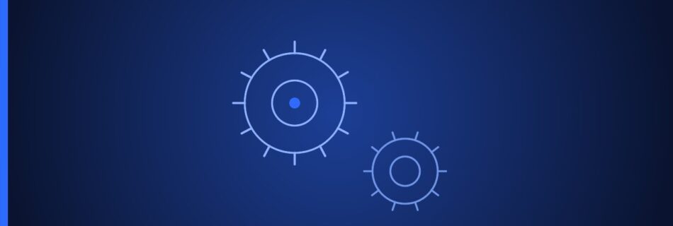 Two interconnected gear icons on a blue gradient background, representing technology and digital systems.