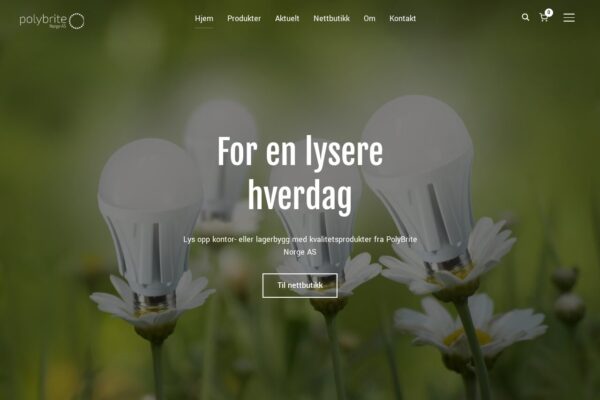 White LED bulbs on green blurred background with Norwegian text "For en lysere hverdag" (For a brighter everyday)