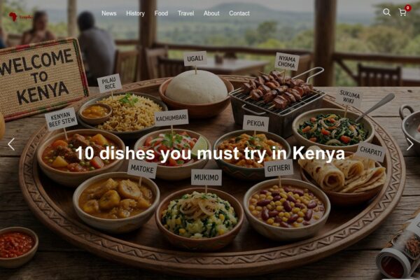 Welcome to Kenya" display showing 10 traditional Kenyan dishes with labels including ugali, nyama choma, and sukuma wiki on wooden table