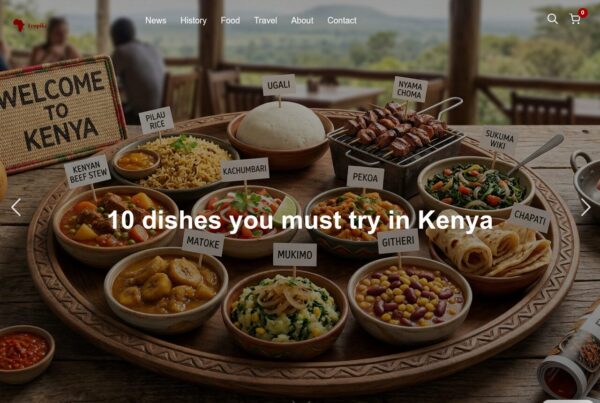 Welcome to Kenya" display showing 10 traditional Kenyan dishes with labels including ugali, nyama choma, and sukuma wiki on wooden table