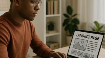 Man in brown sweater and glasses reviewing landing page wireframe on laptop at wooden desk in modern office
