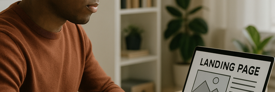 Man in brown sweater and glasses reviewing landing page wireframe on laptop at wooden desk in modern office